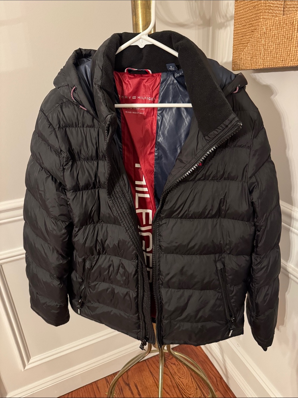 Tommy Hilfiger Black Hooded Puffer Jacket with Red Lining
